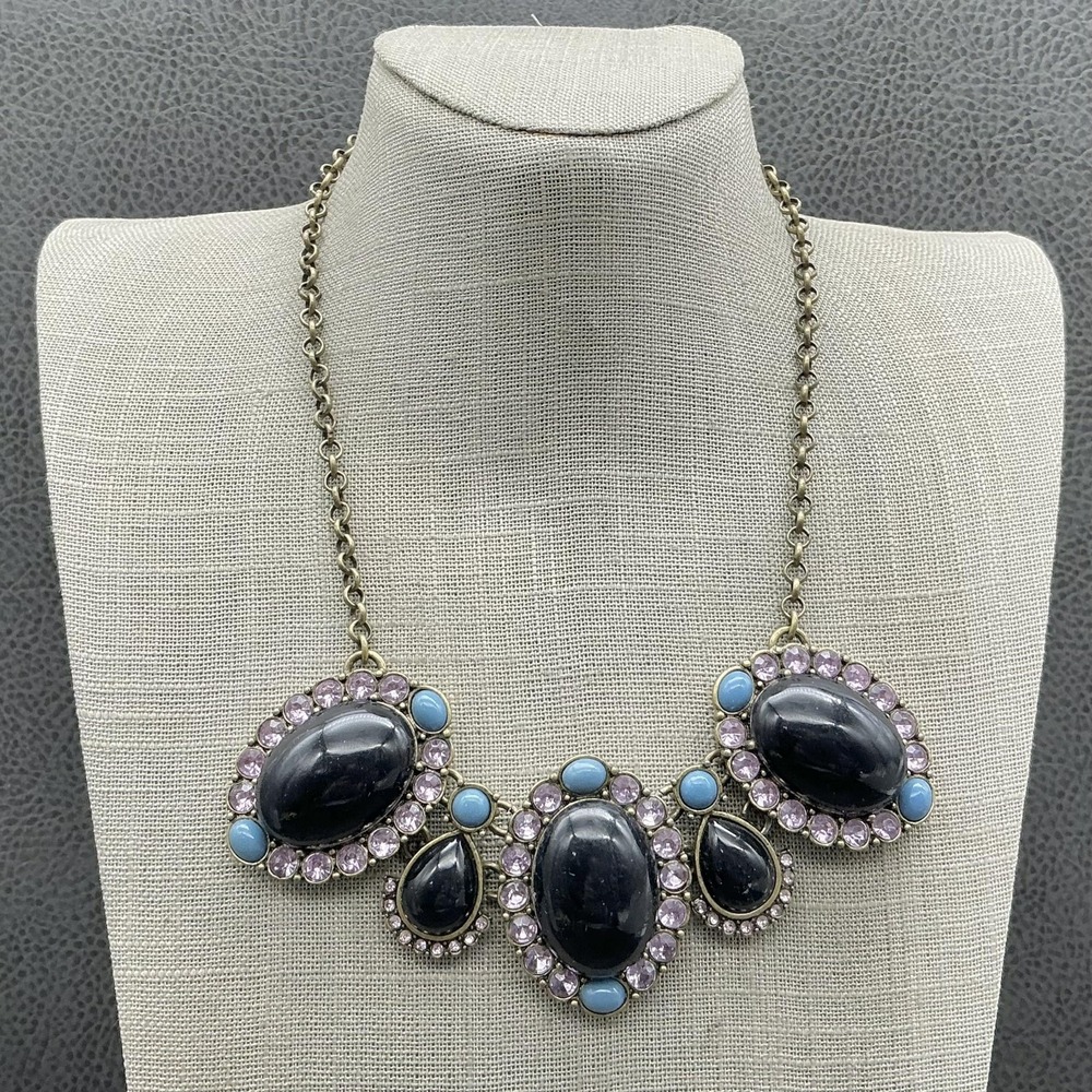 J.Crew‎ Necklace Gold Tone Black Turquoise Bib Rhinestone Statement Jewelry 18"